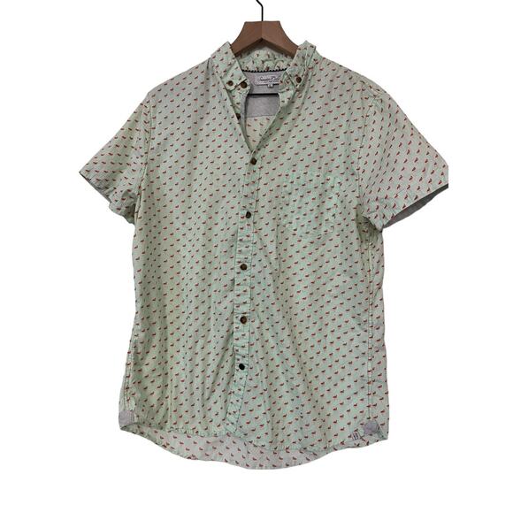 Sovereign Code Short Sleeve Green Pink Flamingos Button Down Shirt Size Large - Picture 1 of 5